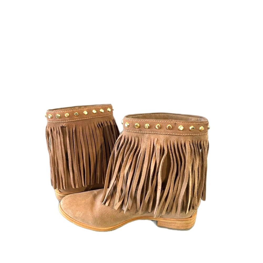 Michael Kors Tan Suede Fringe Ankle Boots with Gold Studs - Size 6